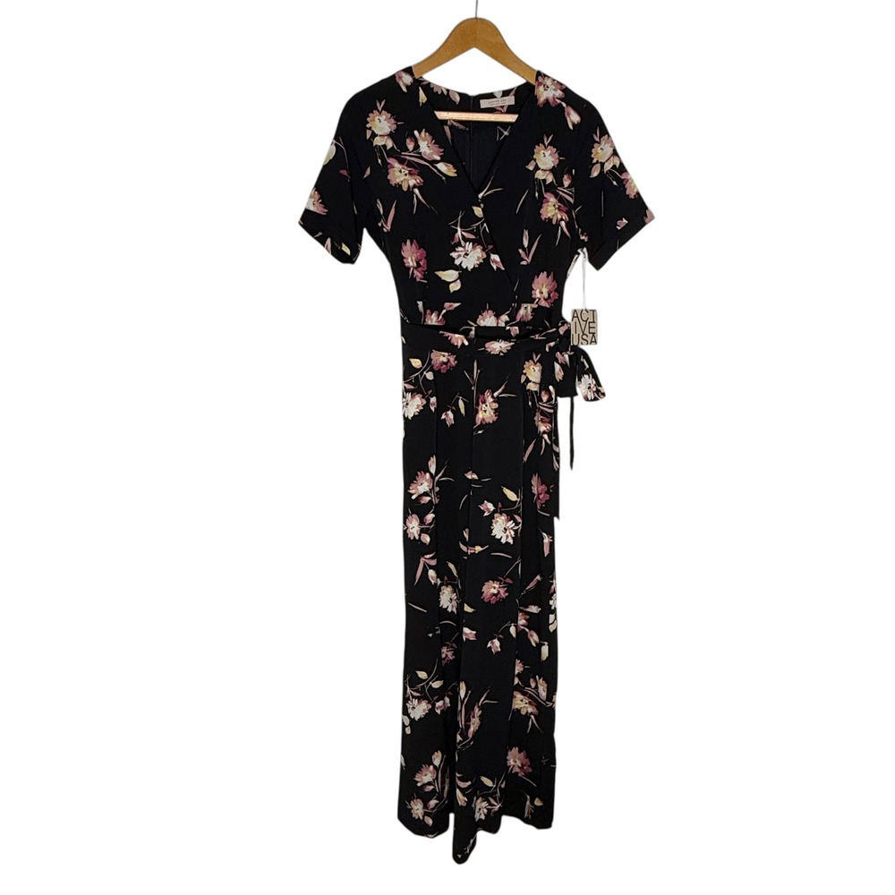 Active USA Floral Print Jumpsuit Wide Leg V Neck Black Casual Medium/Large NWT - Picture 2 of 15